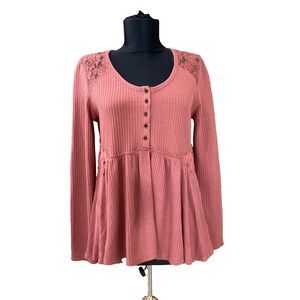 Altard State Blouse Women’s M Top Boho Casual waffle knit embroidered dusty rose
